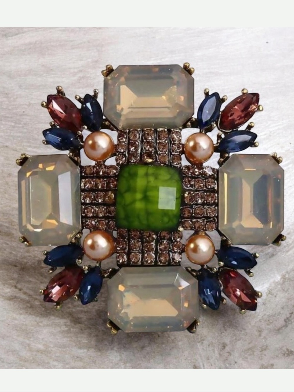 Antique Inspired Opalescent Multi-Color Gemstone Cross, Brooch, Lapel Pin